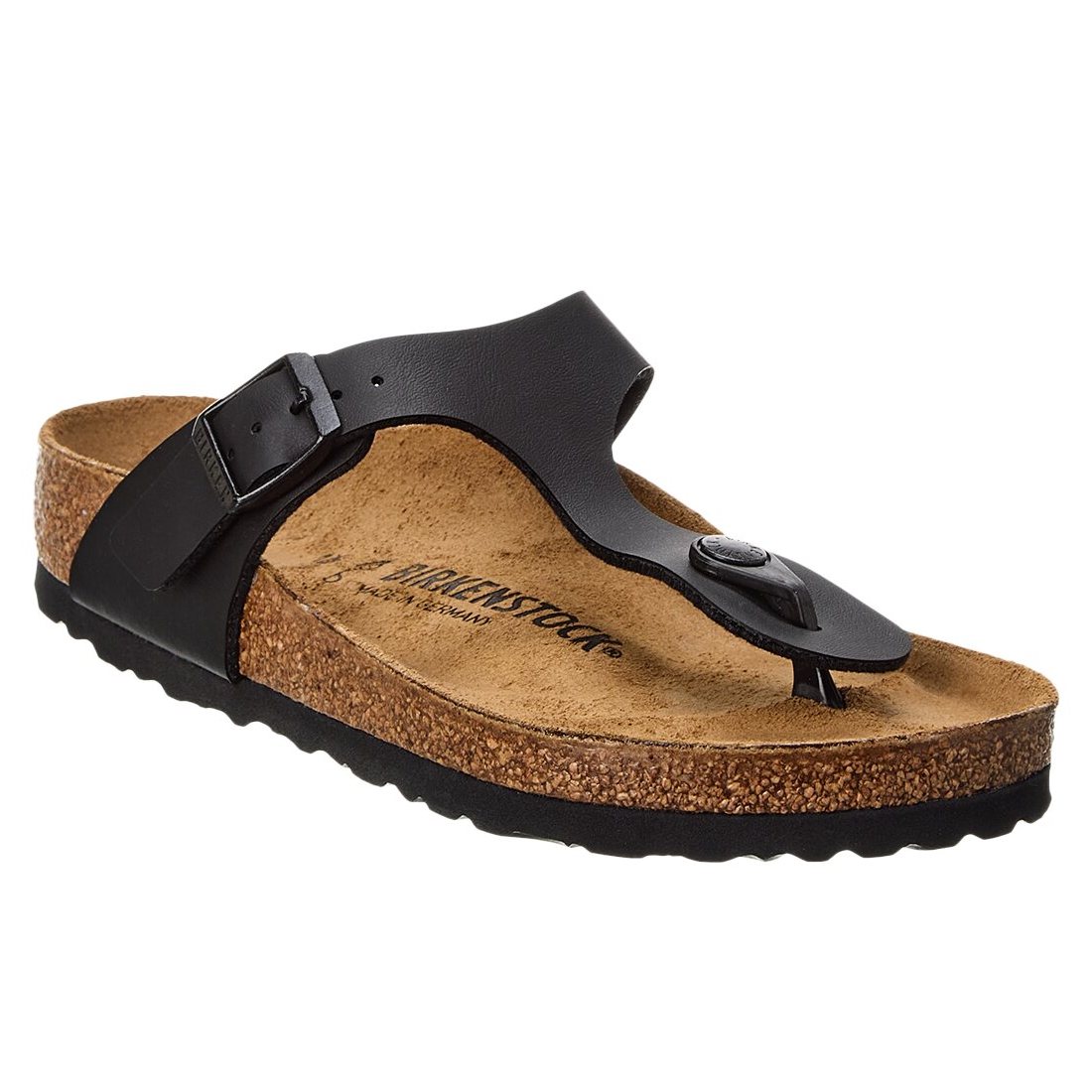 A black Birkenstock sandal with a single strap and toe loop, featuring a cork footbed and rubber sole.