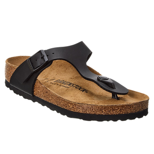 A black Birkenstock sandal with a single strap and toe loop, featuring a cork footbed and rubber sole.