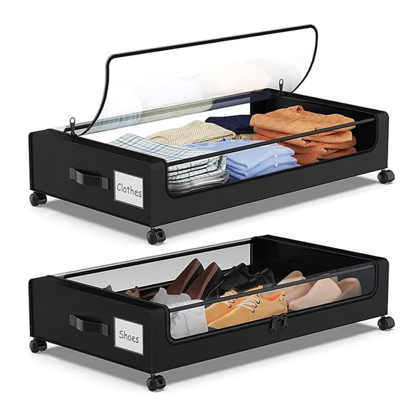 Two rolling under-bed storage bins with transparent lids, one labeled \“Clothes\“ containing folded garments, and the other \“Shoes\“ with various footwear.