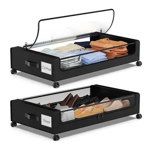 Two rolling under-bed storage bins with transparent lids, one labeled \“Clothes\“ containing folded garments, and the other \“Shoes\“ with various footwear.