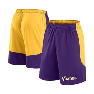Purple and yellow shorts featuring the word \“Vikings\“ in white lettering.