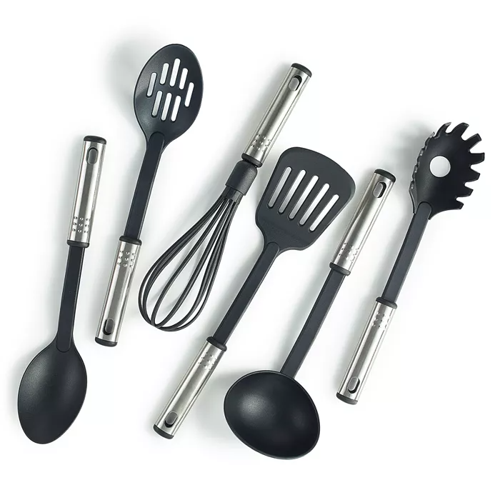 A set of kitchen utensils including a ladle, slotted spoon, turner, whisk, and a pasta server, all with black ends and stainless steel handles.