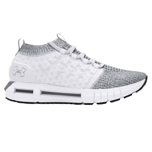Under Armour Men's Phantom 1 Shoes are knit athletic sneakers featuring a white and gray color scheme with a sock-like ankle collar, lace-up closure, and branded logo on the heel. They have a cushioned sole for comfort and a modern, sleek design.