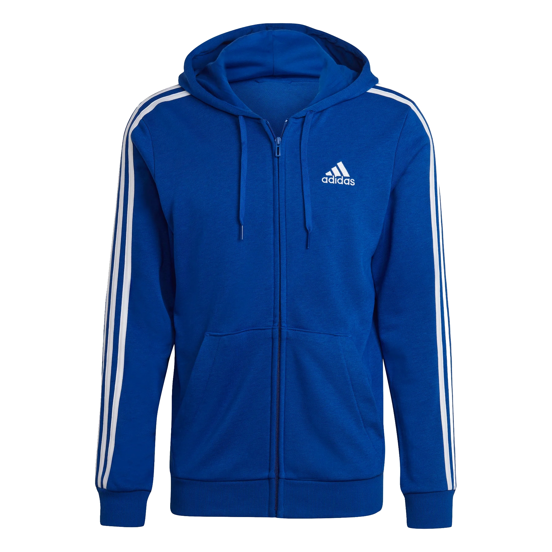 Blue Adidas zip-up hoodie with white stripes on the sleeves and the Adidas logo on the chest.