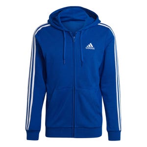 Blue Adidas zip-up hoodie with white stripes on the sleeves and the Adidas logo on the chest.