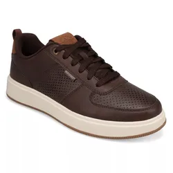 Brown sneaker with perforated design, a white sole, and brown laces. The shoe features a branded tag on the side.