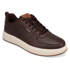 Brown sneaker with perforated design, a white sole, and brown laces. The shoe features a branded tag on the side.