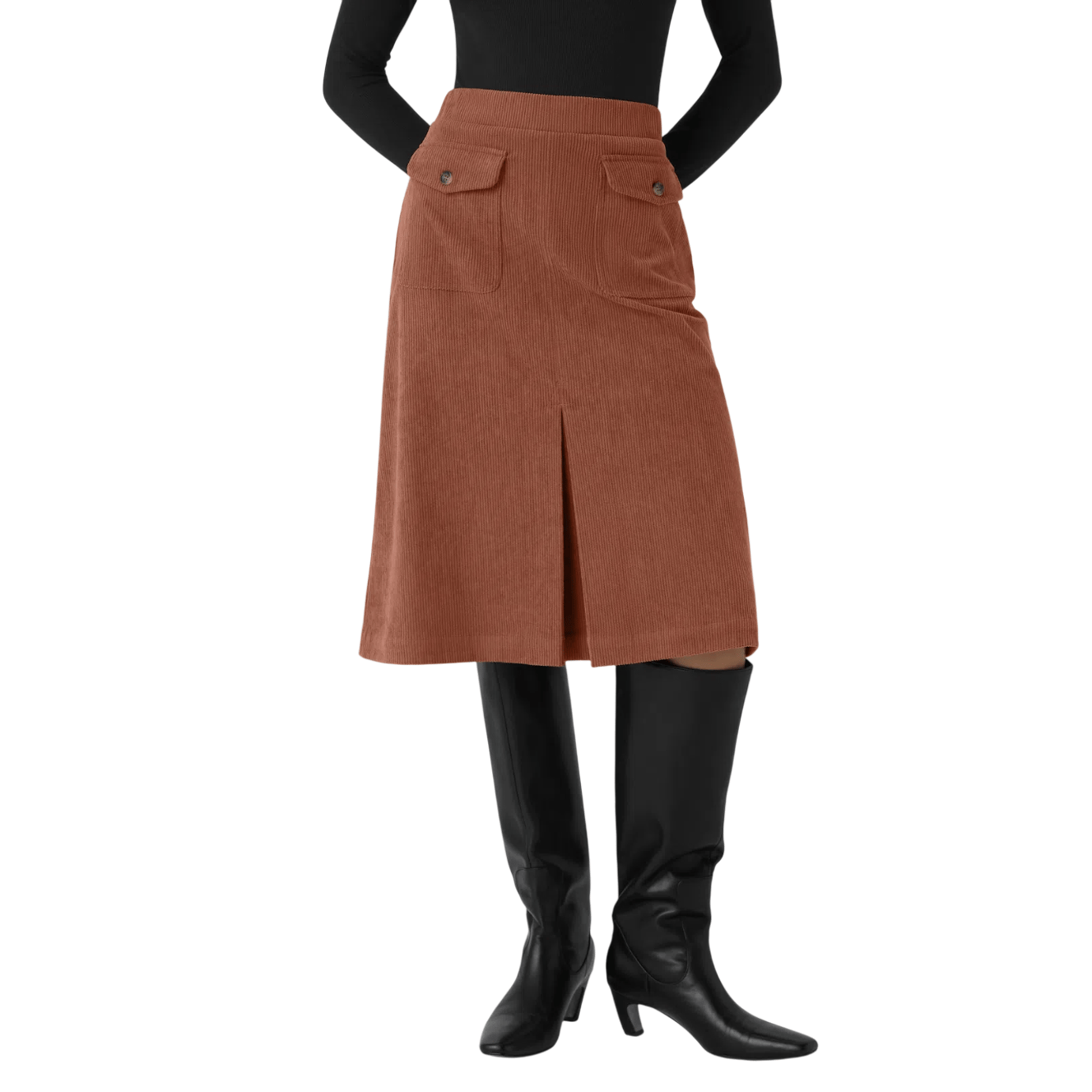 A rust-colored, knee-length skirt with front pockets and a center slit, paired with a black long-sleeve top and knee-high black boots.