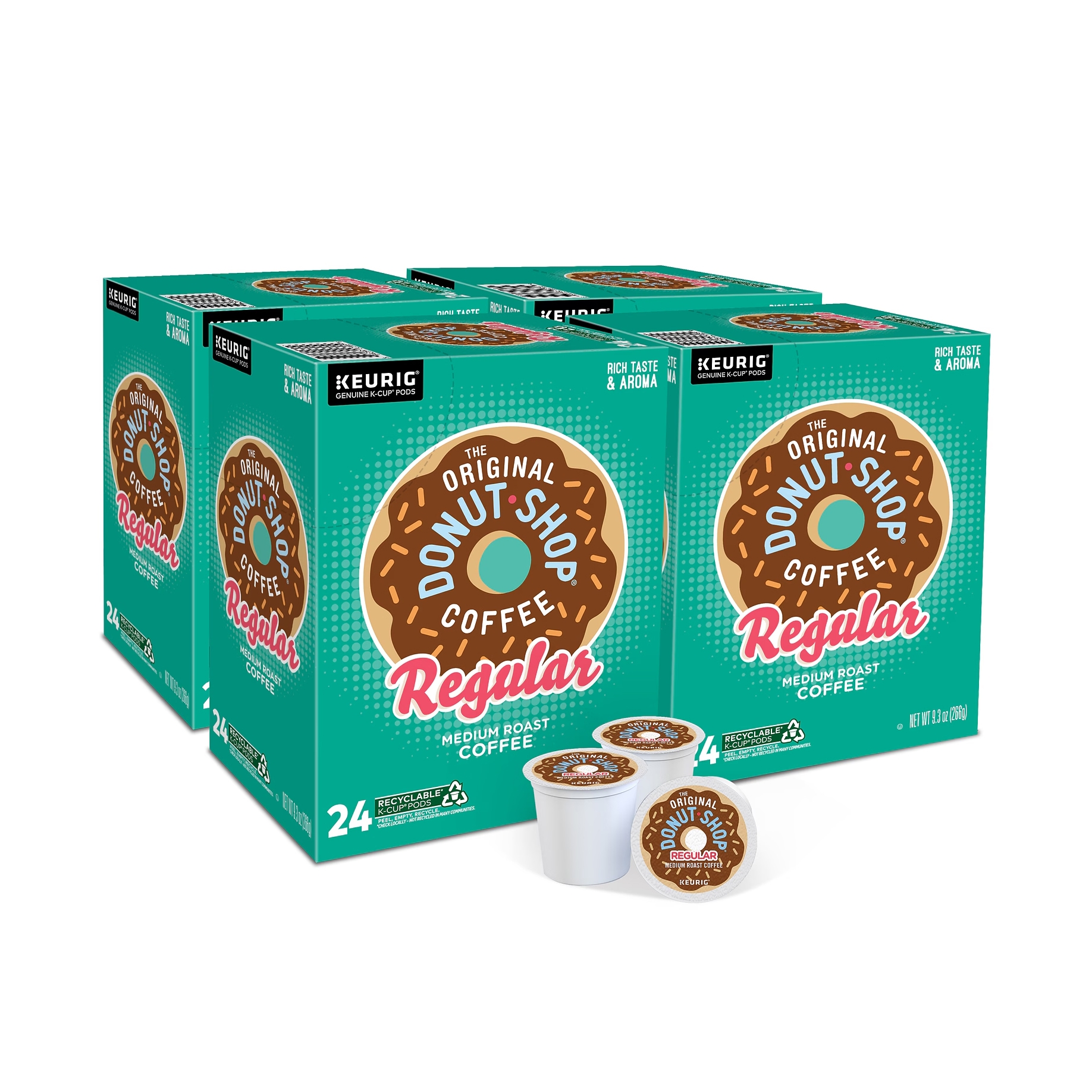 Keurig Genuine K-Cup Pods, The Original Donut Shop Coffee, Regular, Medium Roast. Four boxes, each containing 24 pods.