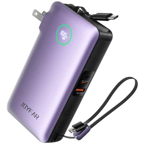 A portable charger with foldable plug, digital display, USB ports, and attached cables in a purple and black design, branded \“JOYFAR.\“