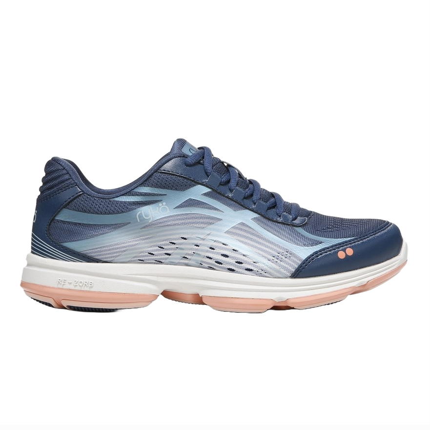 The Ryka Devotion Plus 3 Walking Shoes feature a navy blue mesh upper with lighter blue accents, a white RE-ZORB midsole for cushioning, and a pink rubber outsole for traction. They are designed for comfort and support during walking activities.