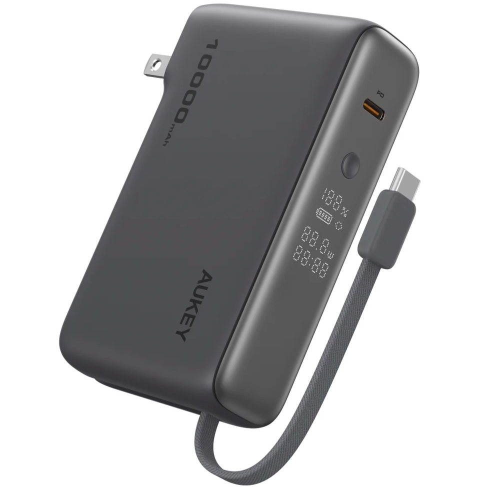 A portable power bank with a 10,000mAh capacity featuring a digital display, USB-C PD port, and a built-in cable.