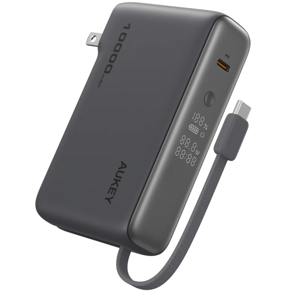 A portable power bank with a 10,000mAh capacity featuring a digital display, USB-C PD port, and a built-in cable.