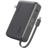 A portable power bank with a 10,000mAh capacity featuring a digital display, USB-C PD port, and a built-in cable.