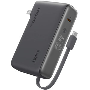 A portable power bank with a 10,000mAh capacity featuring a digital display, USB-C PD port, and a built-in cable.