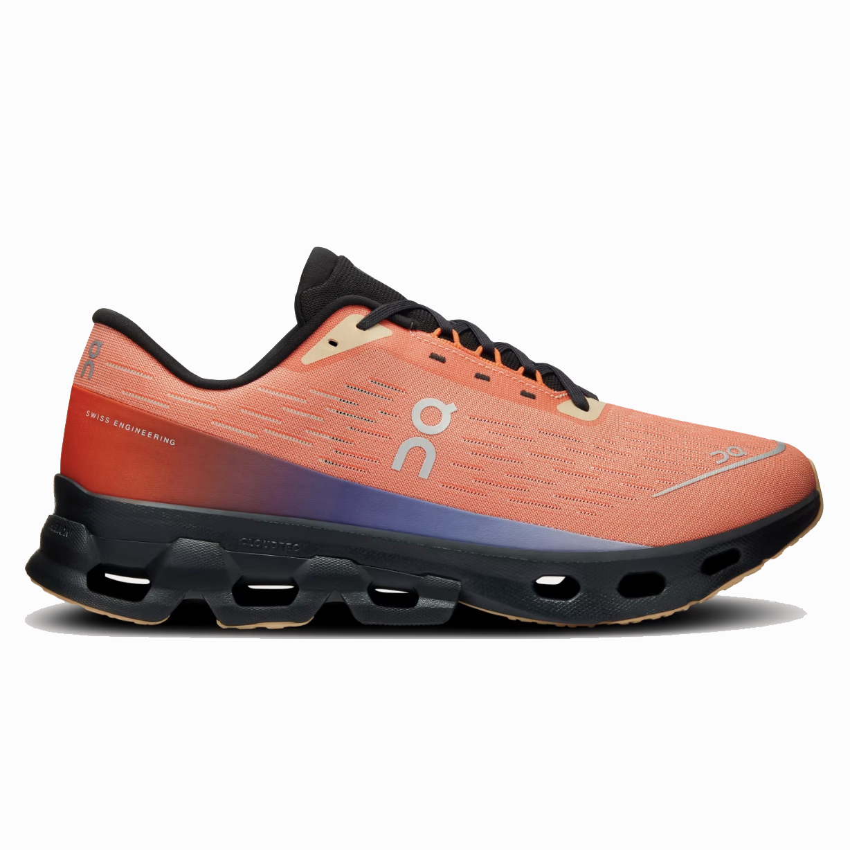 On Men's Cloudspark Running Shoes feature a lightweight, breathable coral-orange upper with black accents, a gradient midsole, and a unique black Cloudtec outsole designed for comfort and cushioning.