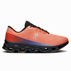 On Men's Cloudspark Running Shoes feature a lightweight, breathable coral-orange upper with black accents, a gradient midsole, and a unique black Cloudtec outsole designed for comfort and cushioning.