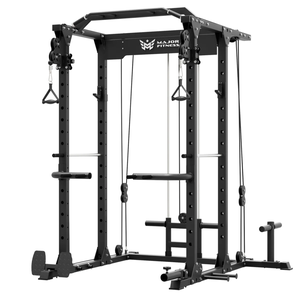 A multifunctional power rack with a pull-up bar, cable system, dip bars, and plate storage. Designed for strength training and versatile exercises.