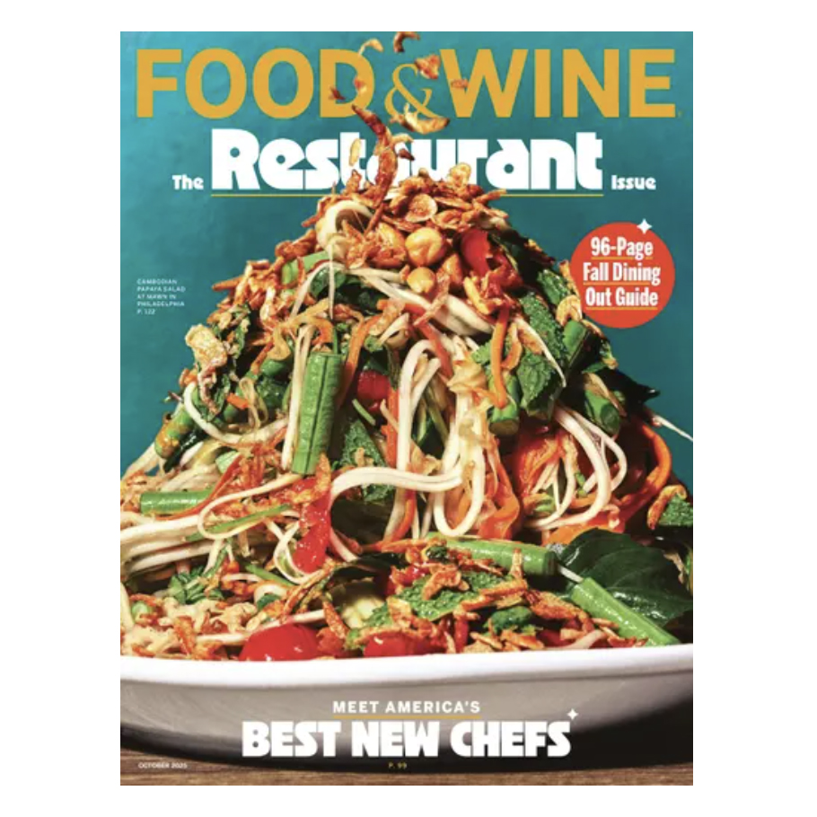 Cover of Food & Wine magazine's Restaurant Issue featuring a colorful Cambodian dish from a Philadelphia restaurant, with highlights on America's best new chefs and a 96-page fall dining guide.