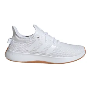 White Adidas running shoe with mesh upper, three stripes on the side, and a gum sole, featuring cloudfoam cushioning.