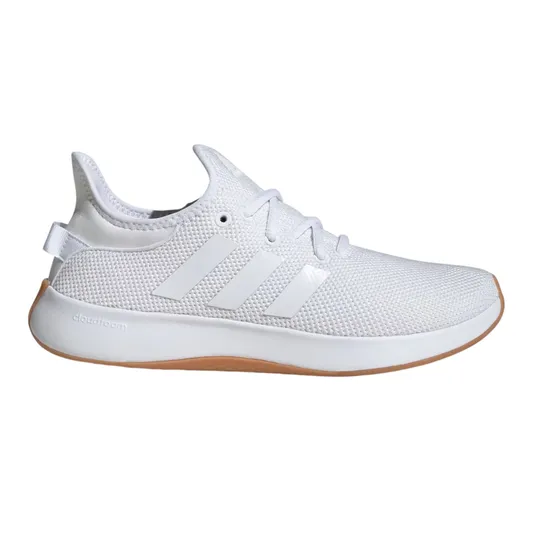 White Adidas running shoe with mesh upper, three stripes on the side, and a gum sole, featuring cloudfoam cushioning.