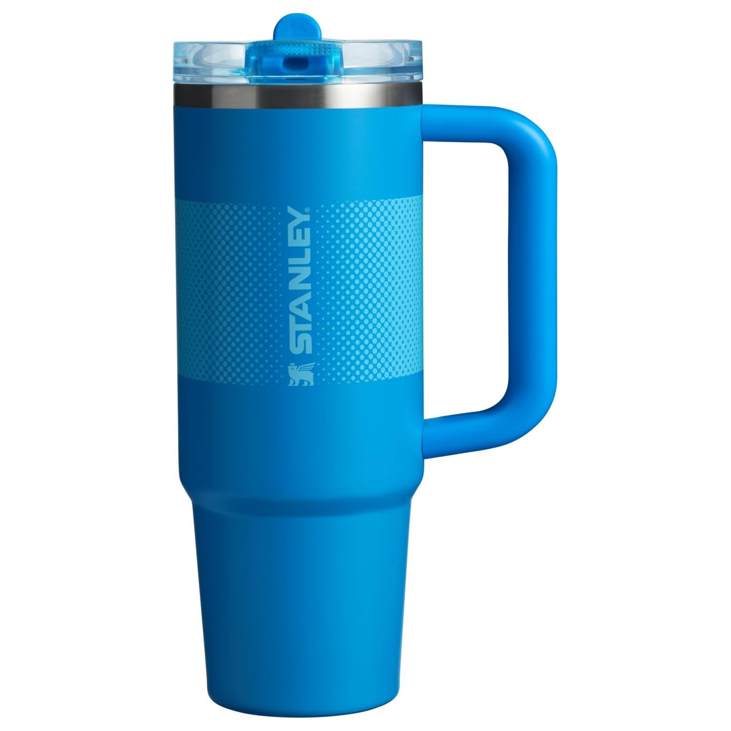 Blue Stanley insulated mug with a lid and handle.