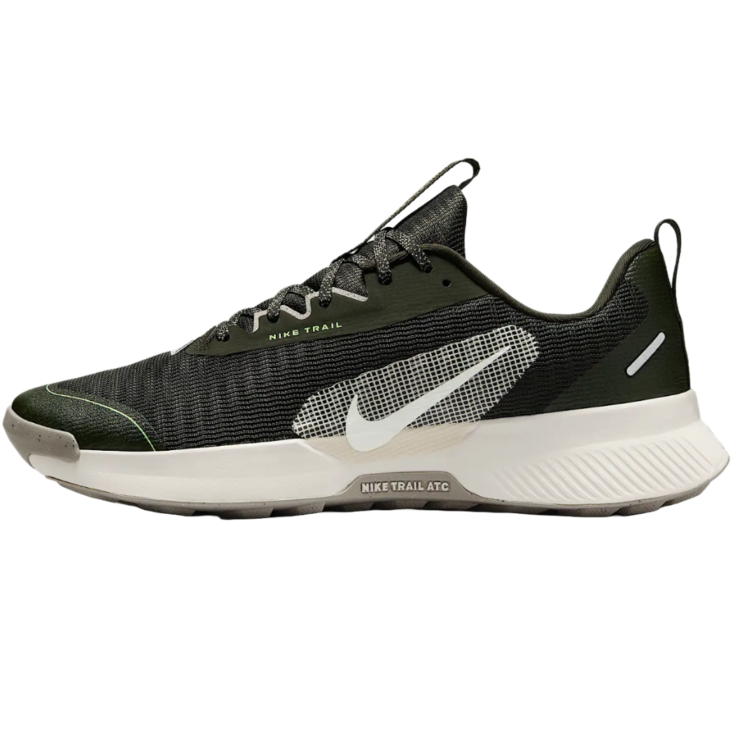 Nike Juniper Trail 3 Shoes feature a streamlined design with a dark green and black mesh upper, white Nike Swoosh, and rugged outsole for trail running. The shoe includes pull tabs on the tongue and heel for easy on and off.