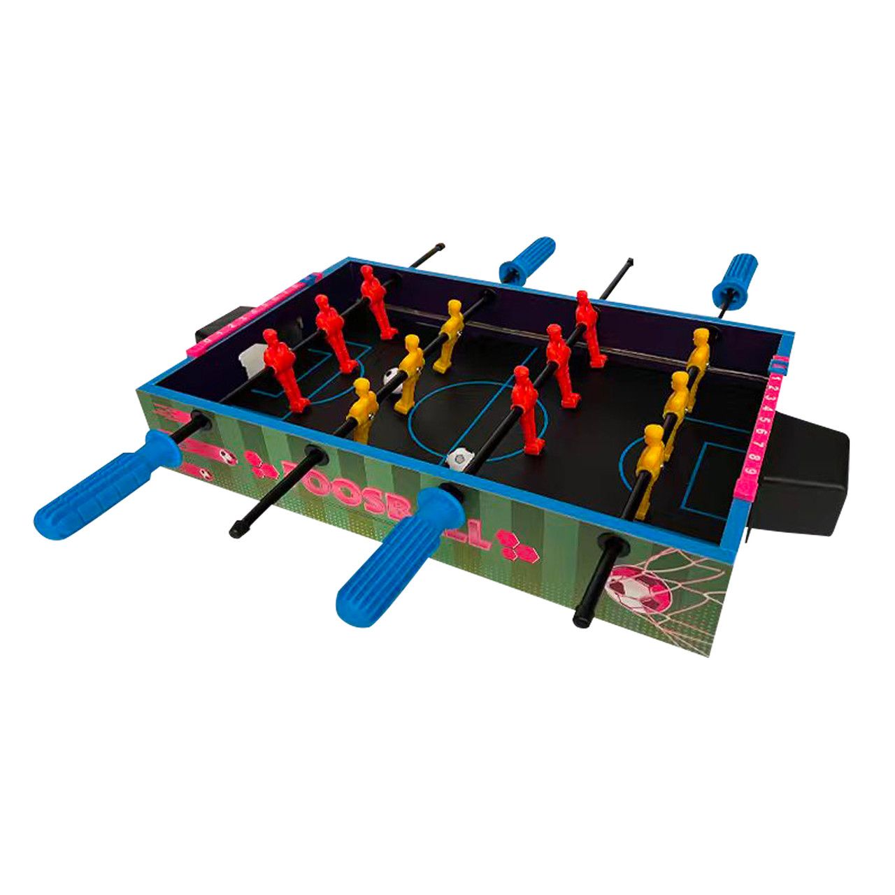 Mini foosball table with red and yellow players, blue handles, and a compact design for tabletop gaming.