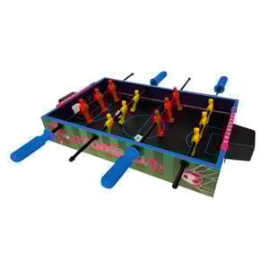 Mini foosball table with red and yellow players, blue handles, and a compact design for tabletop gaming.