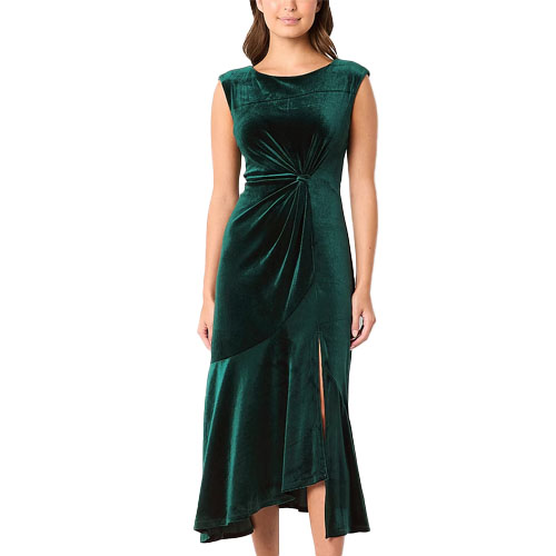 A sleeveless green velvet midi dress featuring a twisted front detail and front slit, creating an elegant and stylish look.