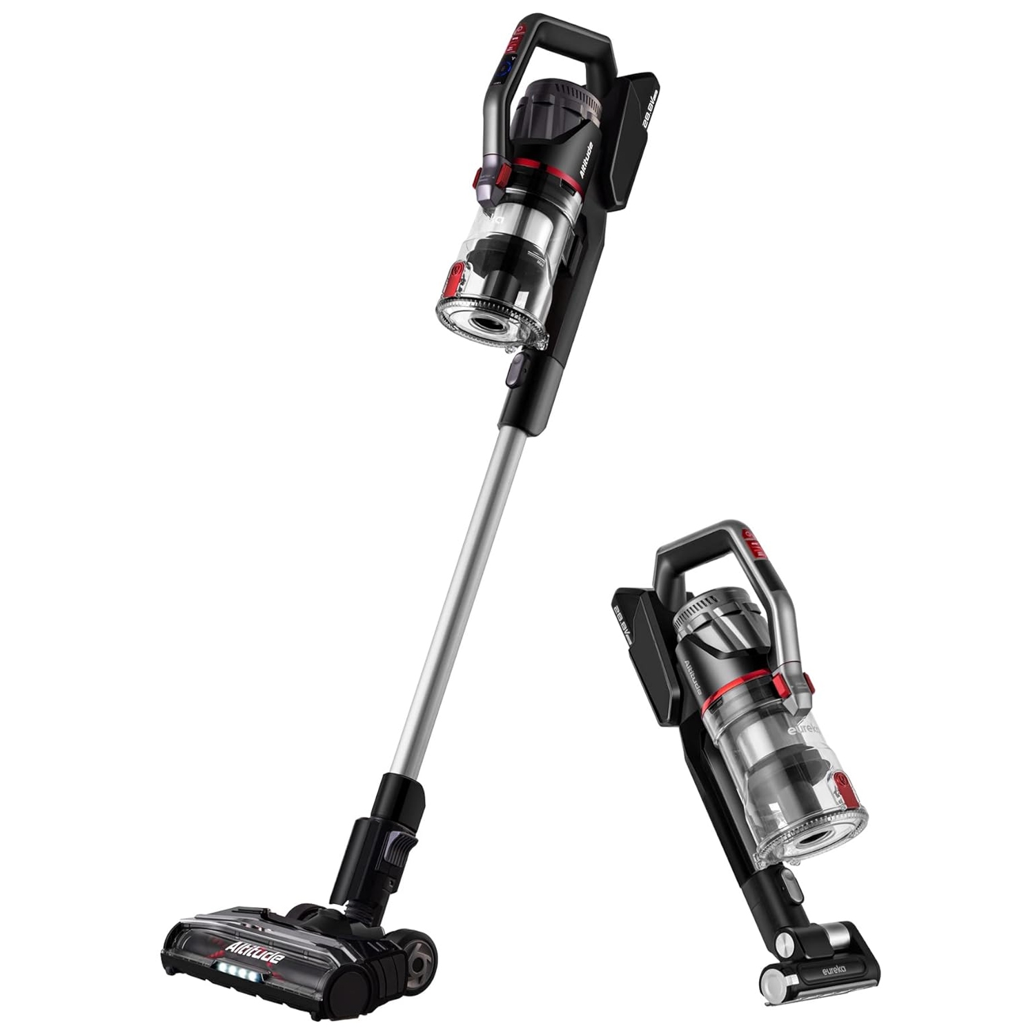 Eureka Stick Vacuum; cordless, lightweight design with a detachable handheld component for versatile cleaning. Black and silver finish with red accents, features a transparent dustbin and LED-lit floor nozzle.
