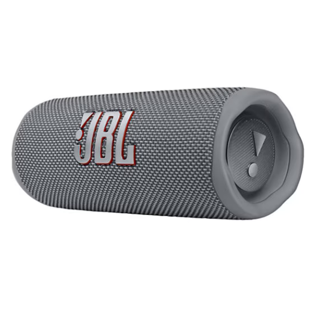 A gray JBL portable Bluetooth speaker with a cylindrical shape and JBL logo.