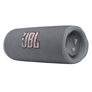 A gray JBL portable Bluetooth speaker with a cylindrical shape and JBL logo.