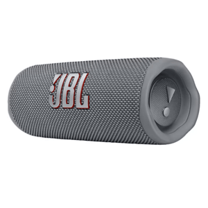 A gray JBL portable Bluetooth speaker with a cylindrical shape and JBL logo.