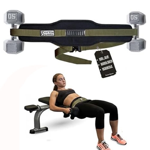 Hip thrust exercise belt designed for holding weights securely, demonstrated by a person performing hip thrusts with dumbbells on a bench.