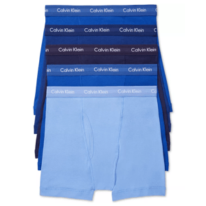 A stack of men's blue boxer briefs with branded elastic waistbands.