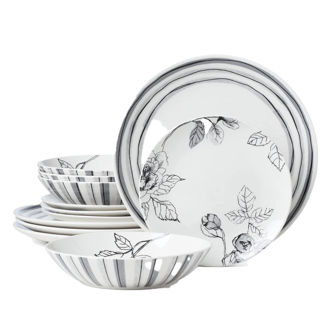 Stacked ceramic dinnerware set with black floral and stripe designs on white background, including bowls and plates.