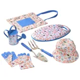 A floral garden set includes a tote bag, watering can, kneeling pad, gloves, garden fork, trowel, and bucket hat, all coordinated in a colorful floral pattern with blue accents.