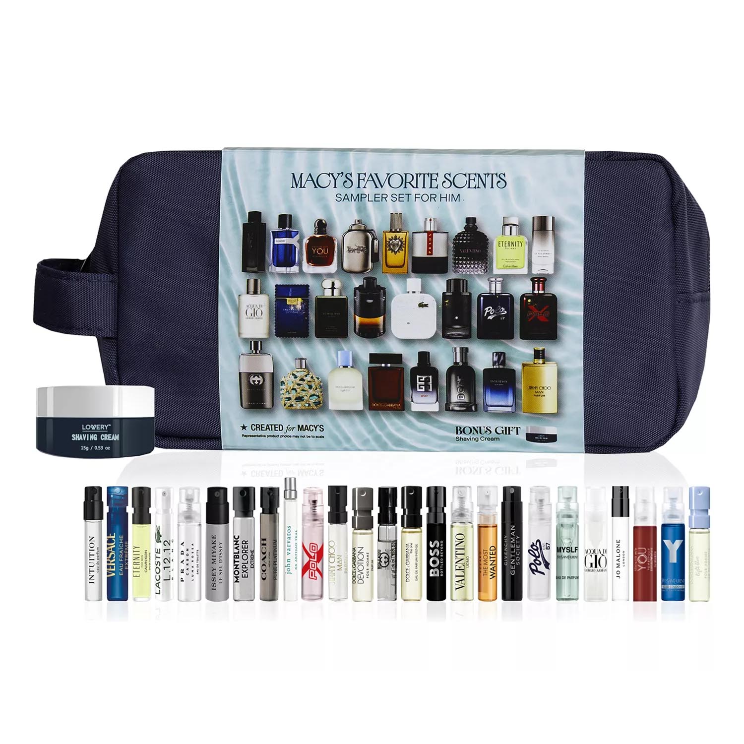 Macy's sampler set for men includes various fragrance samples, a travel bag, and a bonus shaving cream.