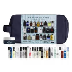 Macy's sampler set for men includes various fragrance samples, a travel bag, and a bonus shaving cream.
