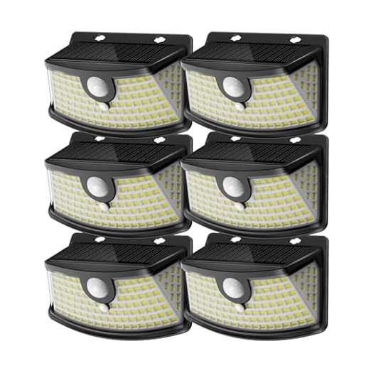 Six black solar-powered LED wall lights with motion sensors designed for outdoor use.