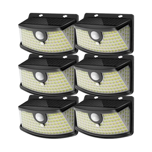 Six black solar-powered LED wall lights with motion sensors designed for outdoor use.