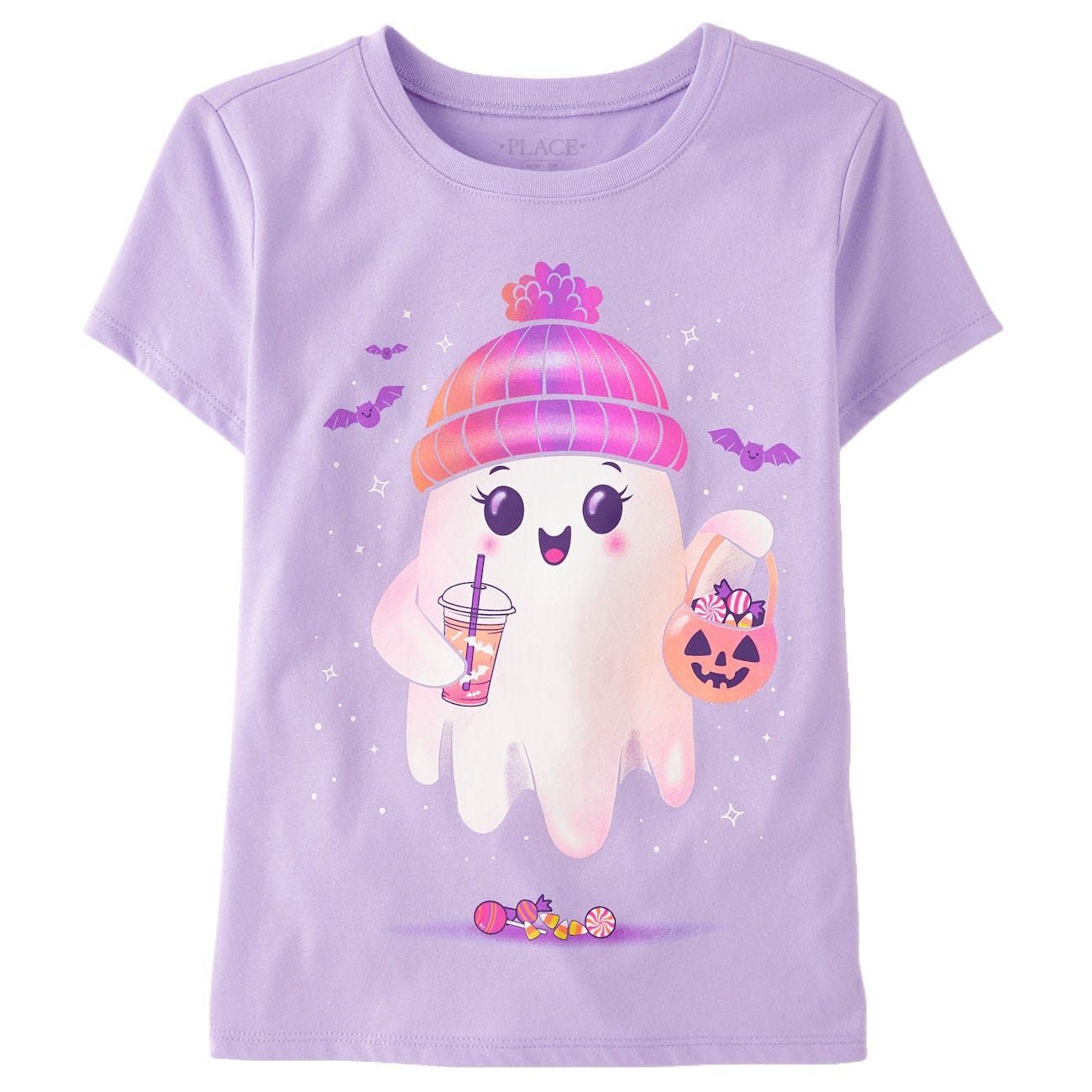 Lavender t-shirt featuring a cute ghost wearing a beanie, holding a drink, and a pumpkin basket filled with candy. Surrounded by bats, sparkles, and additional candy at the bottom.