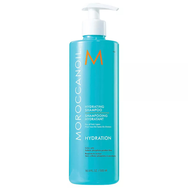 Moroccanoil Hydrating Shampoo, 16.9 fl. oz. (500 ml), suitable for all hair types and color-safe. Free from sulfates, phosphates, and parabens.