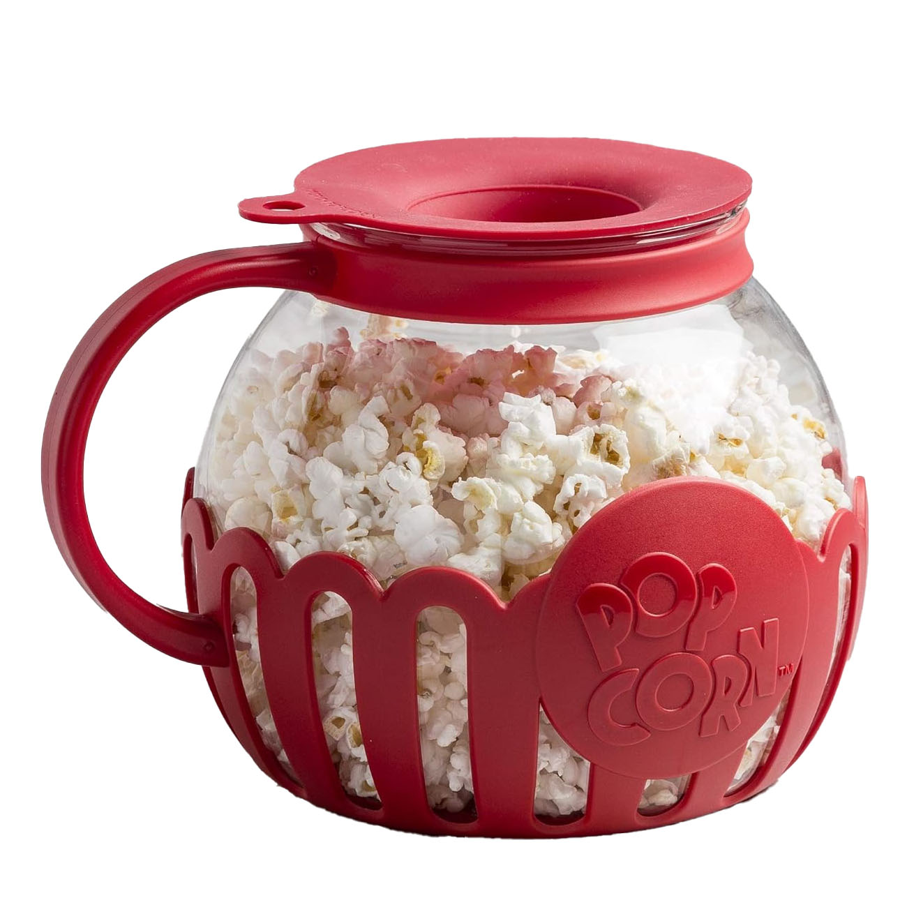 A glass microwave popcorn popper with a red silicone top and handle, featuring a red protective silicone band around the base. The band has \“Pop Corn\“ embossed on it.