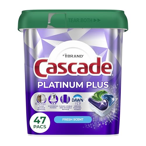 Cascade Platinum Plus Dishwasher Detergent, Fresh Scent, 47 packs, features 100% food stain removal, scouring power, and Dawn grease-fighting capabilities.