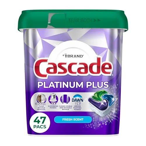Cascade Platinum Plus Dishwasher Detergent, Fresh Scent, 47 packs, features 100% food stain removal, scouring power, and Dawn grease-fighting capabilities.