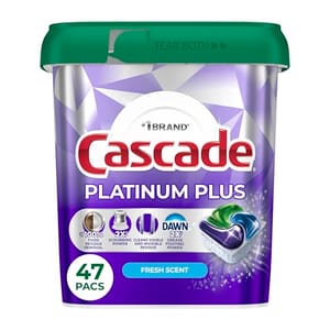 Cascade Platinum Plus Dishwasher Detergent, Fresh Scent, 47 packs, features 100% food stain removal, scouring power, and Dawn grease-fighting capabilities.