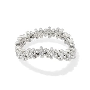 The Kendra Scott CZ Nydia Ring features a floral motif with cubic zirconia stones set in silver-tone metal, creating a delicate, daisy-like design that wraps around the band.