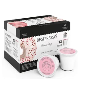 A box of Bestpresso Donut Shop medium roast coffee pods with 12 cups displayed next to it, compatible with Keurig K-cup brewers.